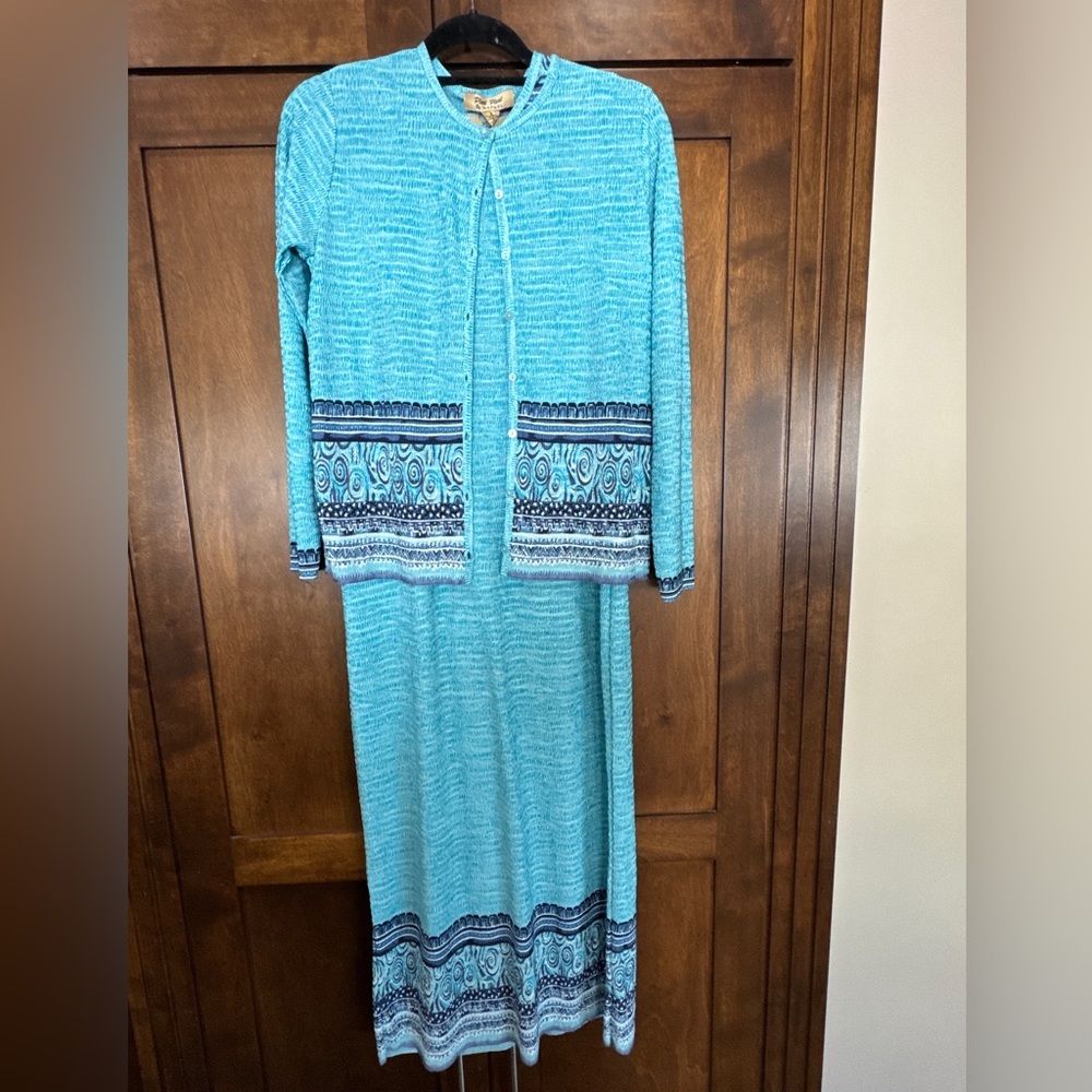 RAFAEL Turquoise and Navy Maxi Dress with matching jacket